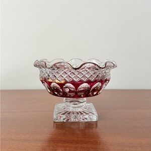 A Westmoreland Wakefield Ruby Flashed 5” Low Foot Crimped Candy-Signed.